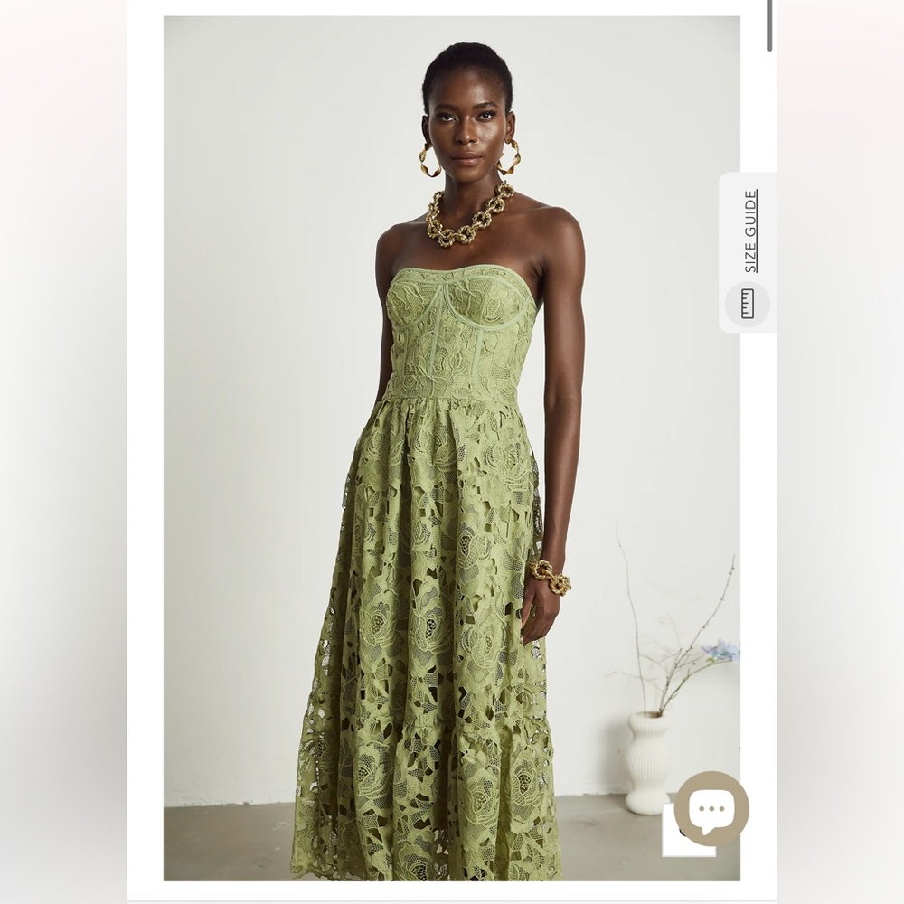 Strapless green lace midi dress